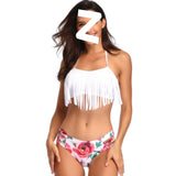 HALTER NACK FRILL APPLIQUE 2 PIECE SWIMSUIT - WHITE & RED
