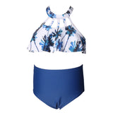 HALTER NECK FLORAL PRINTED 2 PIECE SWIMSUIT - BLUE
