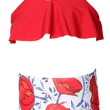 HALTER NECK FLORAL PRINTED 2 PIECE SWIMSUIT - RED