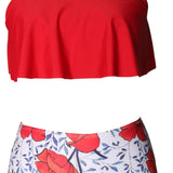 HALTER NECK FLORAL PRINTED 2 PIECE SWIMSUIT - RED