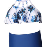 HALTER NECK FLORAL PRINTED 2 PIECE SWIMSUIT - BLUE
