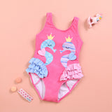 SWAN PRINT RUFFLED DETAILED V CUT SWIMSUIT - DARK PINK