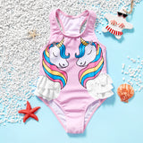 UNICORN PRINT RUFFLED DETAILED V CUT SWIMSUIT - LIGHT PINK