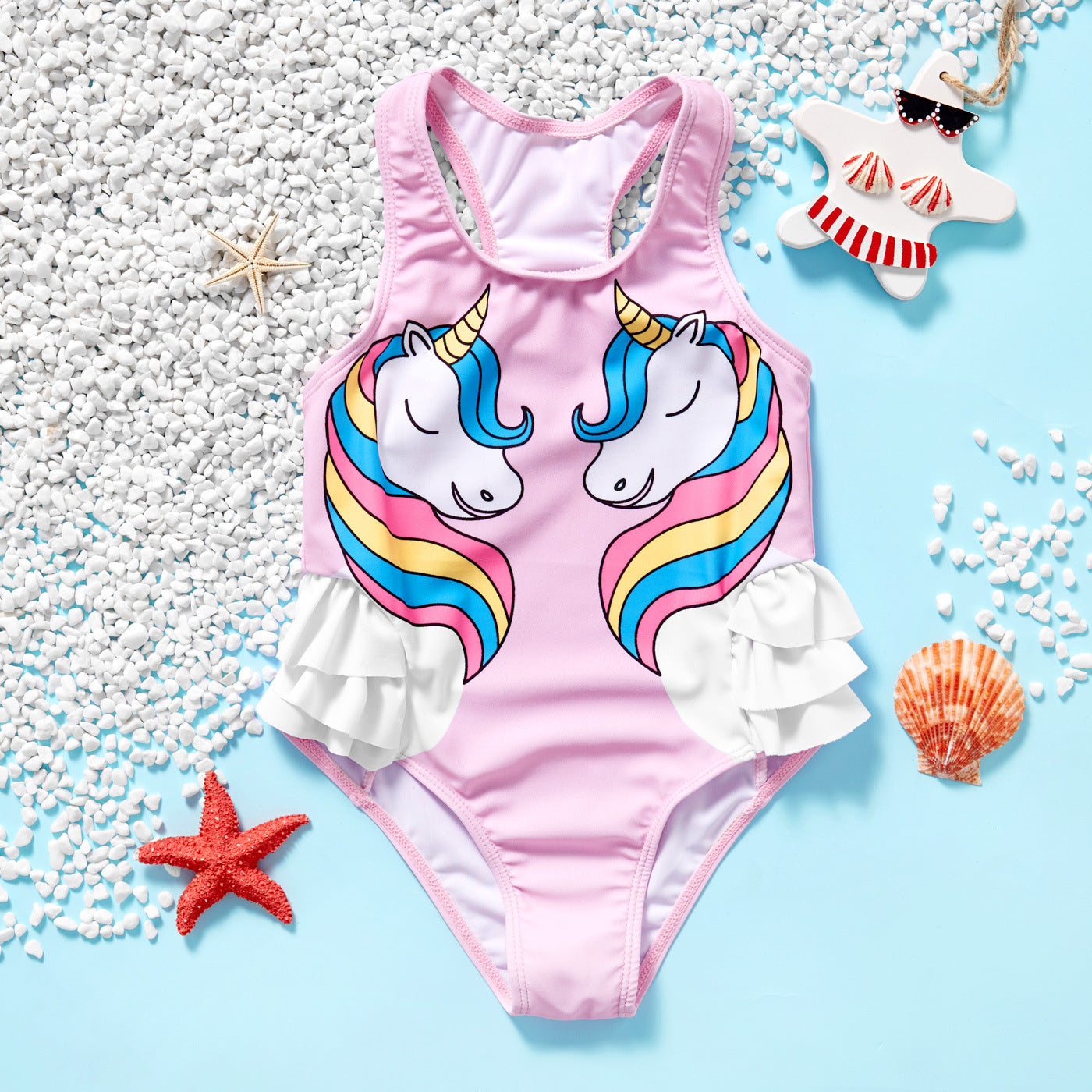 UNICORN PRINT RUFFLED DETAILED V CUT SWIMSUIT - LIGHT PINK