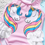 UNICORN PRINT RUFFLED DETAILED V CUT SWIMSUIT - LIGHT PINK