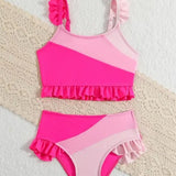 COLOR BLOCK RUFFLED DETAILED 2 PIECE SWIMSUIT - DARK PINK