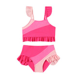 COLOR BLOCK RUFFLED DETAILED 2 PIECE SWIMSUIT - DARK PINK