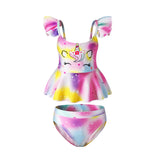 RUFFLED STRAP UNICORN PRINT 2 PIECE SWIMSUIT - PINK