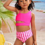 ONE SHOULDER SIDE CUT 2 PIECE SWIMSUIT - PINK