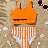 ONE SHOULDER SIDE CUT 2 PIECE SWIMSUIT - ORANGE