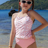 SHAGHETTI STYLE LEOPARD PRINTED 2 PIECE SWIMSUIT - LIGHT PINK