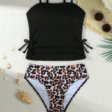 SHAGHETTI STYLE LEOPARD PRINTED 2 PIECE SWIMSUIT - BLACK & BROWN