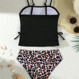 SHAGHETTI STYLE LEOPARD PRINTED 2 PIECE SWIMSUIT - BLACK & BROWN