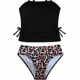 SHAGHETTI STYLE LEOPARD PRINTED 2 PIECE SWIMSUIT - BLACK & BROWN