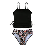 SHAGHETTI STYLE LEOPARD PRINTED 2 PIECE SWIMSUIT - BLACK & BROWN