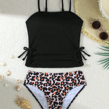 SHAGHETTI STYLE LEOPARD PRINTED 2 PIECE SWIMSUIT - BLACK & BROWN