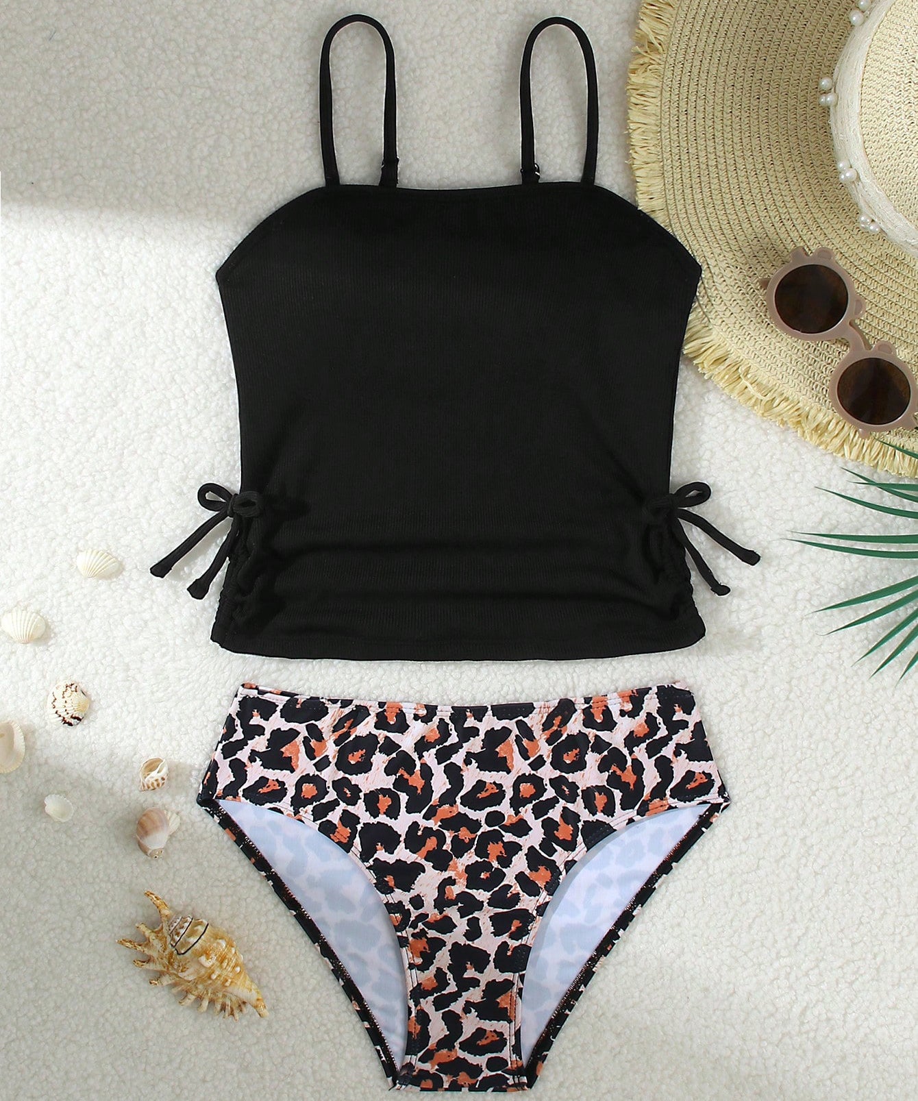 SHAGHETTI STYLE LEOPARD PRINTED 2 PIECE SWIMSUIT - BLACK & BROWN