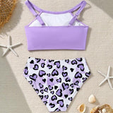 HALTER NECK HEART PRINTED 2 PIECE SWIMSUIT - PURPLE