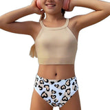 HALTER NECK HEART PRINTED 2 PIECE SWIMSUIT - BEIGE