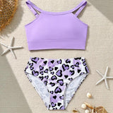 HALTER NECK HEART PRINTED 2 PIECE SWIMSUIT - PURPLE