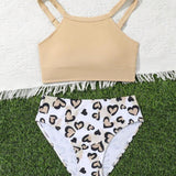 HALTER NECK HEART PRINTED 2 PIECE SWIMSUIT - BEIGE