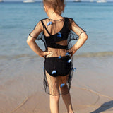STRIPES SIDE CUT 2 PIECE SWIMSUIT WITH SHRUG - BLACK