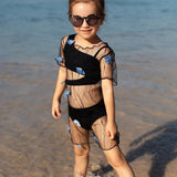 STRIPES SIDE CUT 2 PIECE SWIMSUIT WITH SHRUG - BLACK