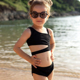 STRIPES SIDE CUT 2 PIECE SWIMSUIT WITH SHRUG - BLACK