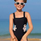 DAISY SIDE CUT MONOKINI STYLE SWIMSUIT - BLACK