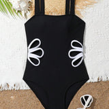 DAISY SIDE CUT MONOKINI STYLE SWIMSUIT - BLACK