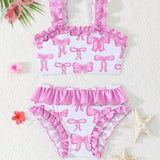 RUFFLED BOW PRINTED 2 PIECE SWIMSUIT - PINK