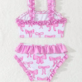 RUFFLED BOW PRINTED 2 PIECE SWIMSUIT - PINK