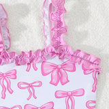 RUFFLED BOW PRINTED 2 PIECE SWIMSUIT - PINK