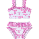 RUFFLED BOW PRINTED 2 PIECE SWIMSUIT - PINK