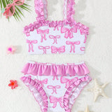 RUFFLED BOW PRINTED 2 PIECE SWIMSUIT - PINK