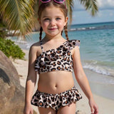 RUFFLED LEOPARD PRINTED 2 PIECE SWIMSUIT - BROWN