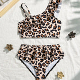 RUFFLED LEOPARD PRINTED 2 PIECE SWIMSUIT - BROWN