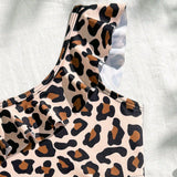 RUFFLED LEOPARD PRINTED 2 PIECE SWIMSUIT - BROWN