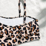 RUFFLED LEOPARD PRINTED 2 PIECE SWIMSUIT - BROWN