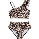 RUFFLED LEOPARD PRINTED 2 PIECE SWIMSUIT - BROWN