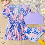 FLORAL & LEAVES PRINTED 2 PIECE SWIMSUIT WITH SHRUG - PURPLE