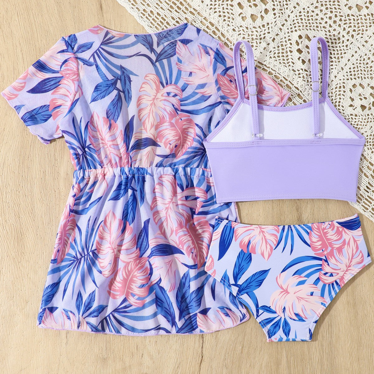 FLORAL & LEAVES PRINTED 2 PIECE SWIMSUIT WITH SHRUG - PURPLE