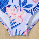 FLORAL & LEAVES PRINTED 2 PIECE SWIMSUIT WITH SHRUG - PURPLE