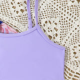 FLORAL & LEAVES PRINTED 2 PIECE SWIMSUIT WITH SHRUG - PURPLE
