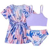 FLORAL & LEAVES PRINTED 2 PIECE SWIMSUIT WITH SHRUG - PURPLE