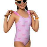 RUFFLED STARP BOW & STRIPES PRINTED V CUT SWIMSUIT WITH SARONG - PINK