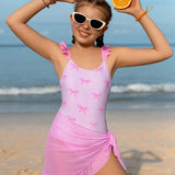 RUFFLED STARP BOW & STRIPES PRINTED V CUT SWIMSUIT WITH SARONG - PINK