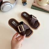 CRISS-CROSS BUCKLE APPLIQUE FLIP-FLOP - BROWN