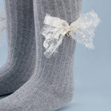 Sequined Bow Applique Footed Leggings - Grey