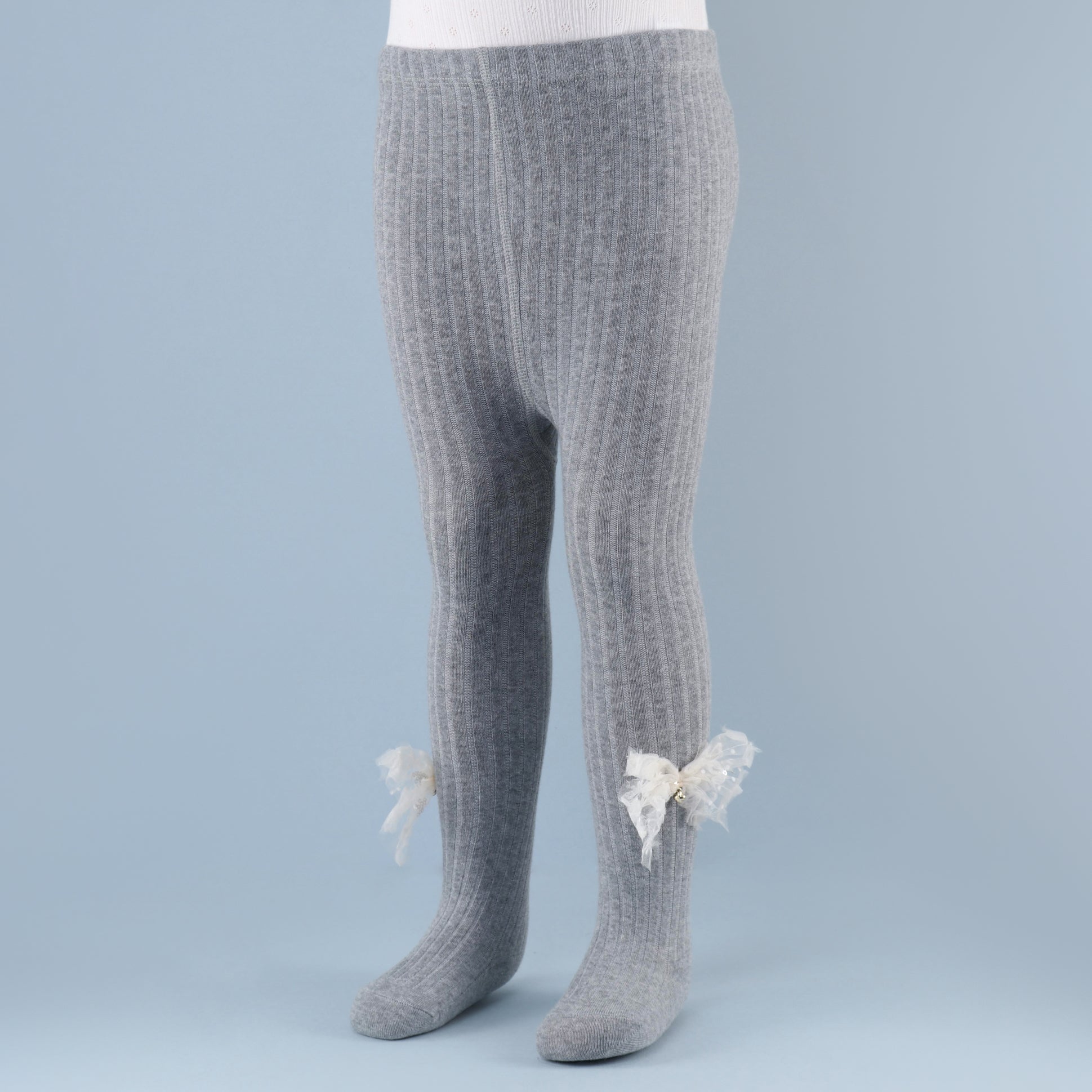 Sequined Bow Applique Footed Leggings - Grey